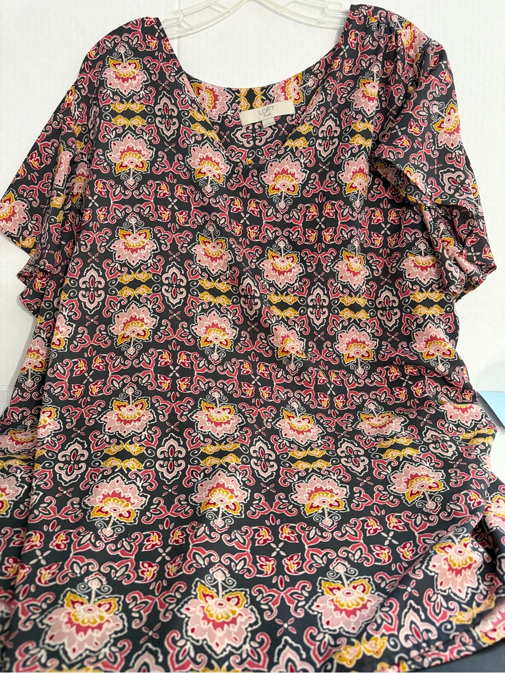 LOFT Black Floral Short Sleeve Blouse with Pink and Yellow Accents